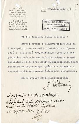 Maszynopis listu Jarosława Pasternaka z Muzeum Naukowego Towarzystwa im. Szewczenki we Lwowie do ...
