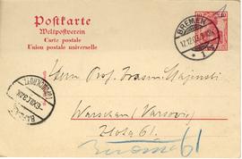 Karta pocztowa od T. Achelisa do Erazma Majewskiego (druk  rękopis  stempel)  strona 1 (awers)