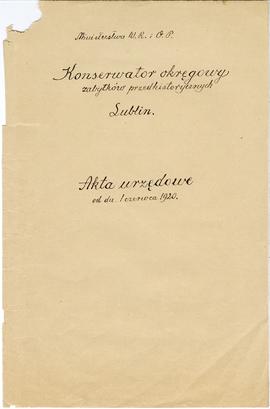 Rękopis strony tytułowej do zbioru "Akta urzędowe od dn. 1 czerwca 1920.", Ministerstwo...