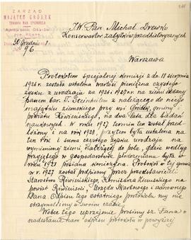 Rękopis. Pismo z Zarządu Majątku Gródek  pow. Równe z dnia 30 grudnia 1928 r. do konserwatora Mic...