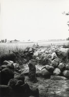Fotografia czarno-biała (odbitka) obiektów archeologicznych  na cmentarzysku kurhanowym w miejsco...