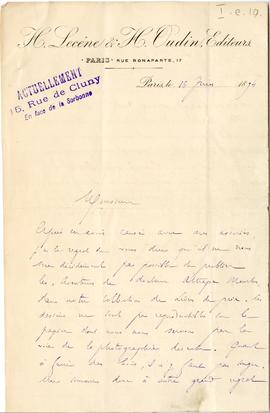 List w języku francuskim z dnia 15.06.1894 r. na papierze firmowym H. Lécene&H.Oudin, Editeur...