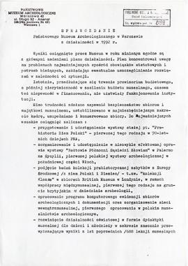 Państwowe Muzeum Archeologiczne w Warszawie. Sprawozdanie z działalności w roku 1992.  Maszynopis...