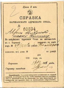 Kwit  z Warszawskiego Biura Adresowego o nr 60594 z okresu od 15.03.1891 r.-10.10.1891 r. (luzem ...