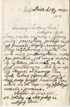 List (rękopis) od hr. Władysława Krasińskiego do Erazma Majewskiego  strona 1