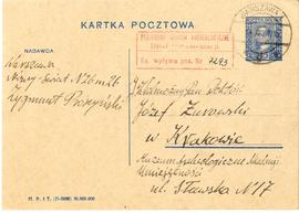 Kartka pocztowa z rękopisem listu Zygmunta Prószyńskiego do Józefa Żurowskiego z dnia 14.11.1928 ...