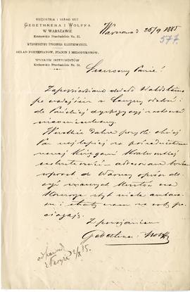 List od firmy Gebethner i Wolff do Erazma Majewskiego (rękopis)  strona 1